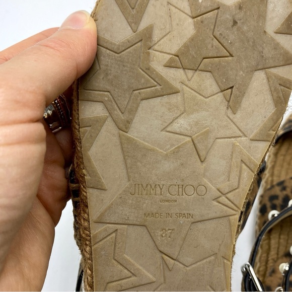 Jimmy Choo 7 Denise Pearl Embellished Leopard Print Leather Espadrille Sandals - Picture 11 of 11